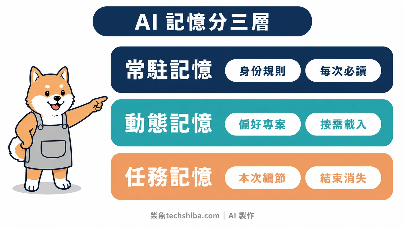 AI 記憶三層架構:常駐記憶每次必讀、動態記憶按需、任務記憶只在本次使用