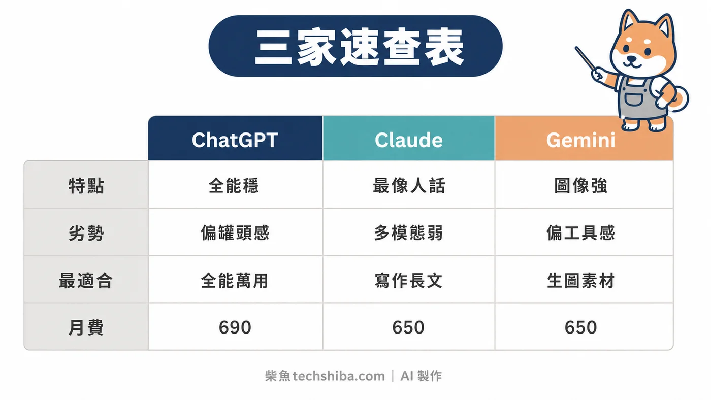 ChatGPT、Claude、Gemini 三大 AI 平台速查表:特點、劣勢、適合任務與月費