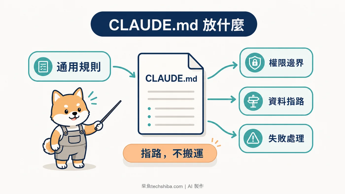 CLAUDE.md 規則地圖:整理通用規則、權限邊界、資料指路與失敗處理四個核心區塊