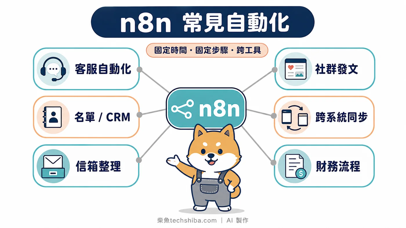 n8n 常見自動化用途:客服、CRM、信箱、社群、跨系統與財務流程都能串成固定工作流