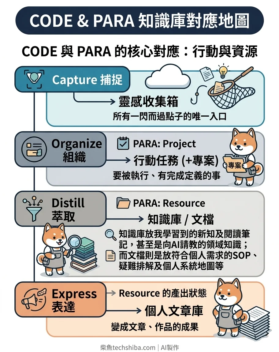 CODE 與 PARA 知識庫對應地圖:四個 Notion 資料庫分屬捕捉、組織、萃取、表達