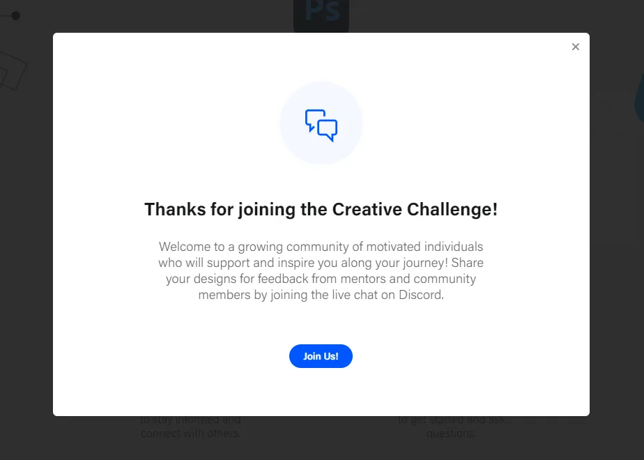 加入挑戰後跳出的歡迎彈窗,邀請加入 Discord 討論區的 Join Us 按鈕